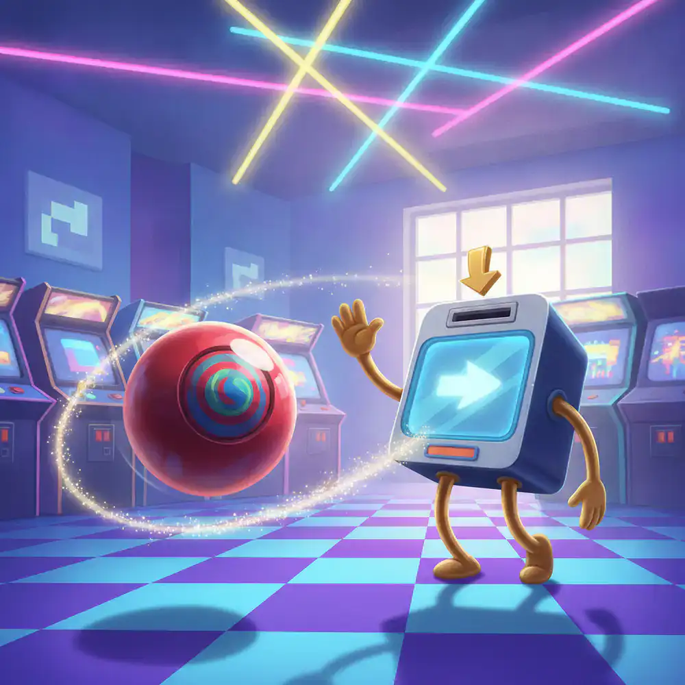 Ilustración lúdica de una pelota arcade rebotando hacia un buzón de sugerencias