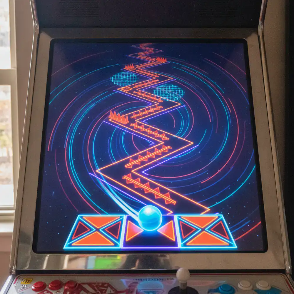 Pantalla del juego mostrando la pelota saltando sobre plataformas de neón con obstáculos